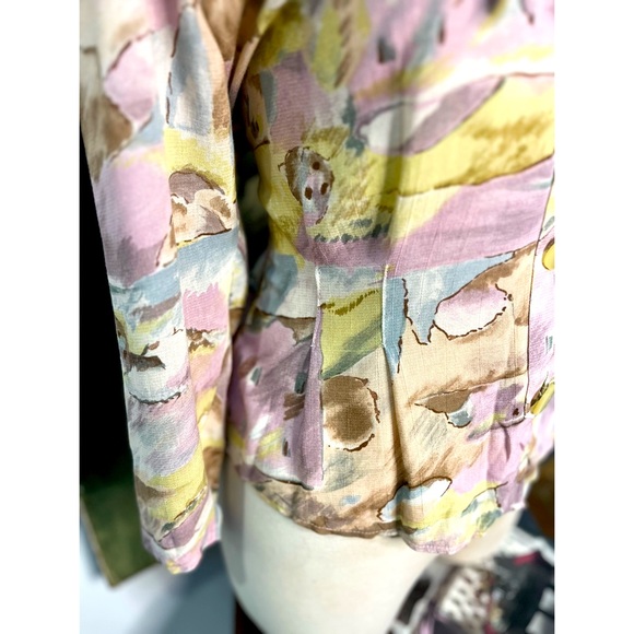 Watercolor Edwardian pink blue 80s  large collar button long sleeve blouse - Picture 8 of 12